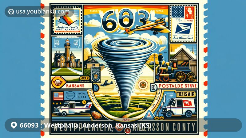 Modern illustration of Westphalia, Anderson County, Kansas, featuring ZIP code 66093, showcasing regional and postal elements including tornado imagery, Anderson County outline, postal-themed elements like airmail envelope and vintage postage stamp.
