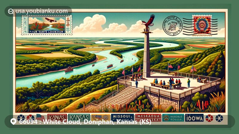 Modern illustration of White Cloud, Doniphan County, Kansas, showcasing Four State Lookout with panoramic views of Kansas, Missouri, Nebraska, and Iowa, featuring Missouri River meandering through lush greenery, and incorporating postal theme with vintage postcard, postage stamp with ZIP Code 66094, postmark, and Iowa Tribe of Kansas and Nebraska cultural patterns.