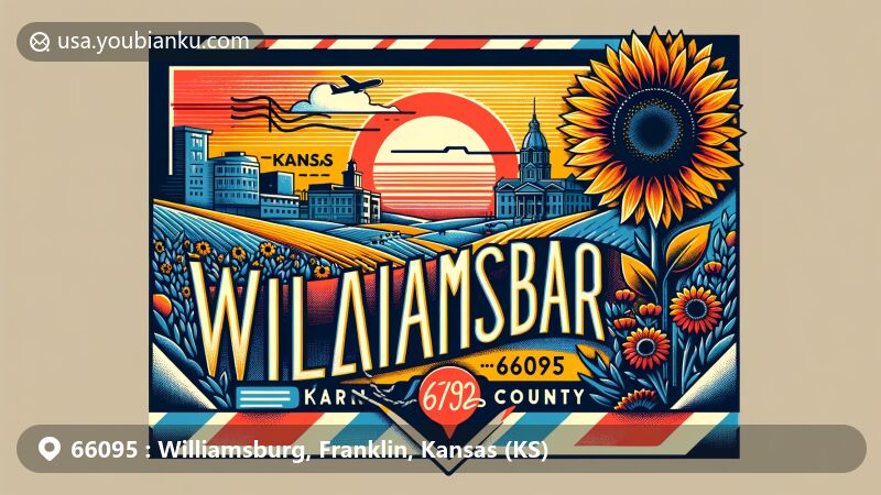 Modern illustration of Williamsburg, Kansas area with ZIP code 66095, featuring vintage airmail envelope background, Kansas state symbols like sunflowers, classic landscape, and city hall representation.