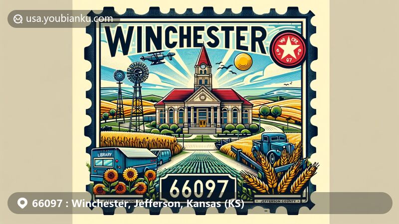 Modern illustration of Winchester, Jefferson County, Kansas, featuring Winchester Public Library as the focal point, surrounded by iconic Kansas landscapes like rolling plains and vast skies, with vintage postal elements including ZIP Code 66097 and a stylized map of Kansas.
