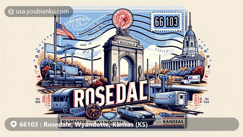 Modern illustration of Rosedale, Wyandotte, Kansas, with a postal theme for ZIP code 66103, featuring Rosedale World War I Memorial Arch and University of Kansas Medical Center, resembling a postcard with postal elements and showcasing the region's geographical and natural features.