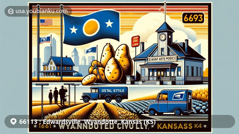 Modern illustration of Edwardsville, Wyandotte County, Kansas, blending regional characteristics with a postal theme, featuring Kansas state flag, agricultural history, post office symbol, Junius Groves silhouette, and modern postal elements with ZIP code 66113.