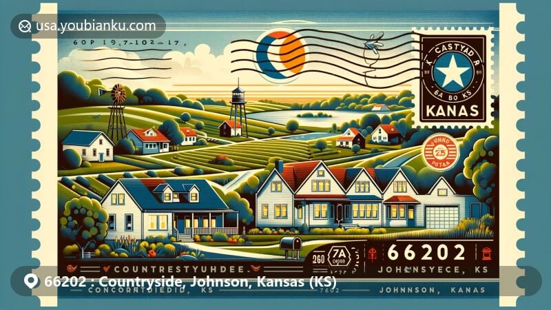 Modern illustration of Countryside, Johnson County, Kansas, representing ZIP code 66202 with a focus on suburban living and Kansas landscape, featuring residential homes, green spaces, and vintage postcard elements.
