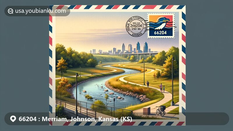 Modern illustration of Merriam, Johnson County, Kansas, featuring ZIP code 66204 and highlighting the natural beauty of Turkey Creek Streamway Trail with its paved paths, wooded areas, and public art.