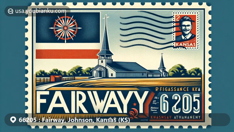 Modern illustration of Fairway, Johnson County, Kansas, highlighting Shawnee Mission and the Kansas state flag, integrating postal elements like a postage stamp and ZIP code 66205.