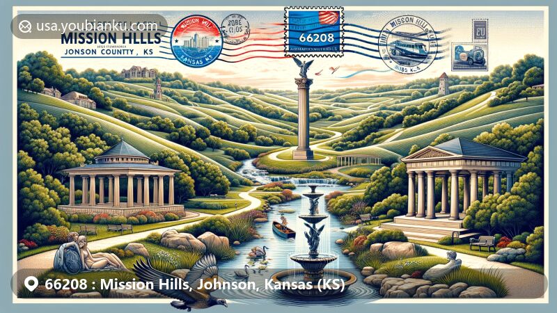 Modern illustration of Mission Hills, Johnson County, Kansas, with ZIP code 66208, featuring local landscape and landmarks intertwined with postal motifs, including wooded hills, streams, valleys, fountains, statues, Verona columns, reflecting pool, vintage air mail envelope, Kansas state flag stamp, Mission Hills postmark, airmail border, and golf course, reflecting the area's garden community status, elegance, and history.