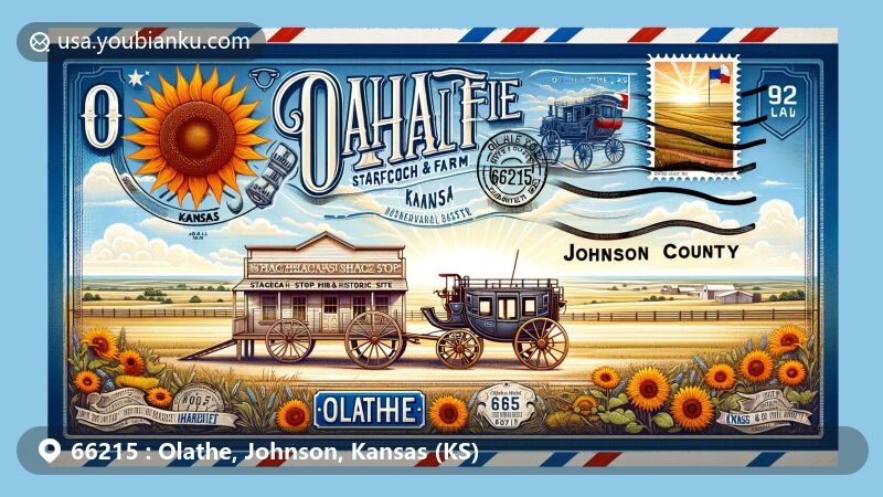 Modern illustration of Olathe, Johnson County, Kansas, showcasing airmail envelope with ZIP code 66215, Mahaffie Stagecoach Stop & Farm Historic Site, and Olathe Prairie Center.