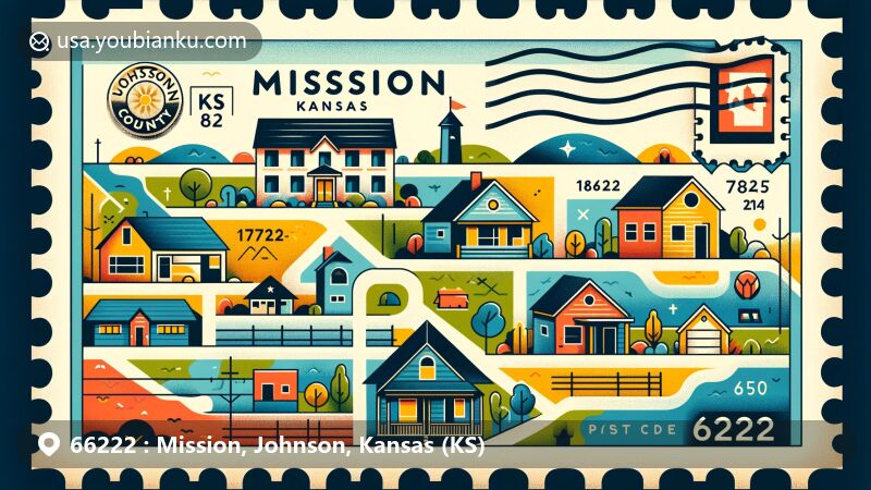 Modern illustration of Mission, Kansas, showcasing postal theme with ZIP code 66222, capturing the local community lifestyle and development history from Indian mission establishment. Colorful design features postage stamp frame around Johnson County map silhouette and small houses on large lots.