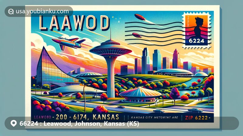 Creative wide-format illustration of Leawood, Kansas, with ZIP code 66224, featuring city landmarks, lush green spaces, and elements symbolizing wealth and high quality of life.