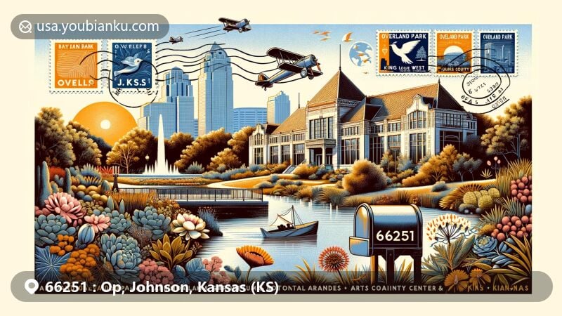 Modern illustration of Overland Park Arboretum & Botanical Gardens and King Louie West building, Arts & Heritage Center, in the 66251 zipcode area of Overland Park, Johnson County, Kansas, featuring postcard layout, air mail envelope edge, stamps of local elements, and prominent ZIP Code label.