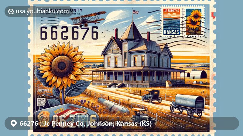 Modern illustration of ZIP Code 66276 in Johnson County, Kansas, featuring J. B. Mahaffie House and Museum at Prairiefire, highlighting historical and contemporary landmarks with Kansas landscape in the background, vintage air mail envelope with Kansas sunflower stamp, postal markings, and cancellation stamp '66276 Jc Penney Co, Kansas'.