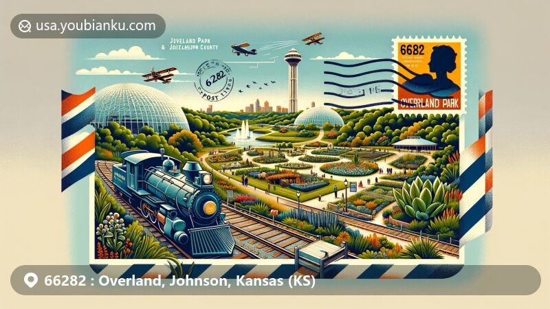 Modern illustration of Overland Park, Johnson County, Kansas, capturing the beauty of nature and cultural landmarks, featuring the iconic Overland Park Arboretum & Botanical Gardens with lush gardens and the Train Garden.