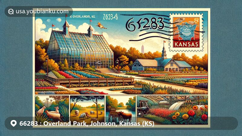Lively illustration of ZIP code 66283, Overland Park, Johnson, Kansas, featuring iconic landmarks like Overland Park Arboretum, Deanna Rose Children's Farmstead, and Museum at Prairiefire, with postal elements and Kansas state flag.