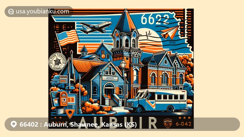 Modern illustration of Auburn, Shawnee County, Kansas, illustrating ZIP code 66402, featuring symbols of Kansas and postal themes, with a focus on historical and geographical characteristics of Auburn.