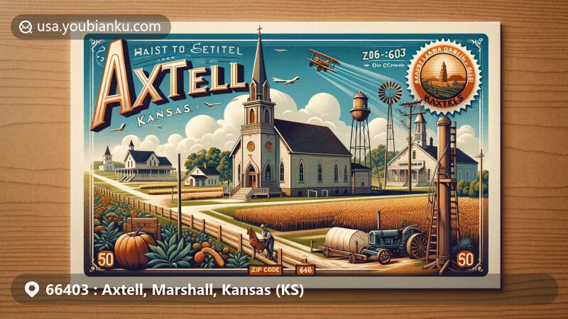 Modern illustration of Axtell, Kansas, Marshall County, highlighting postal theme with church, agriculture symbols, Axtell granite and marble works, and David Smith Inn marker in vintage air mail envelope setting.