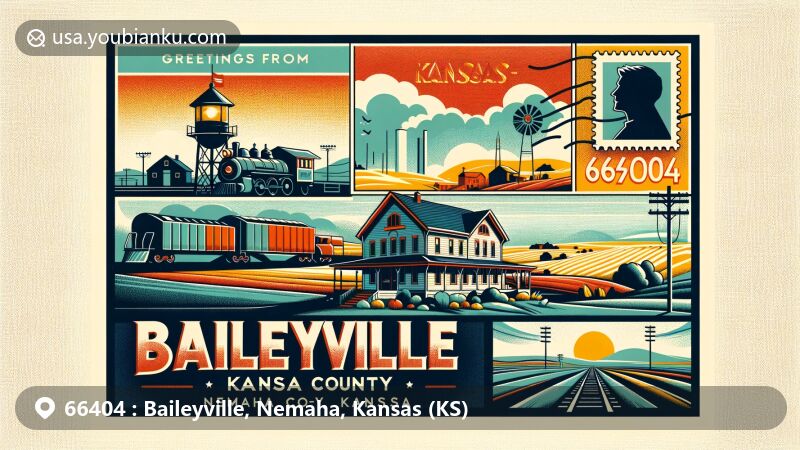 Modern illustration of Baileyville, Nemaha County, Kansas, capturing cultural and geographical essence with Marion Hall, Great Plains, and agricultural heritage, featuring Kansas State silhouette and postal elements, including Union Pacific Railroad and '66404' ZIP code stamp.