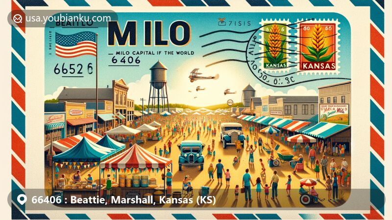 Modern illustration of Beattie, Kansas area with ZIP code 66406, featuring the Beattie Milo Festival and the town's title as 'The Milo Capital of the World', showcasing vibrant Milo grain festival activities and a classic American small town atmosphere.