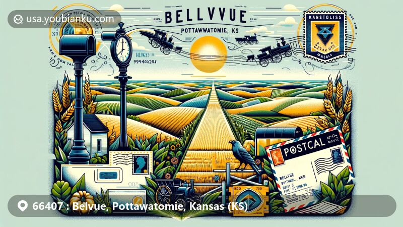 Modern illustration of Belvue, Pottawatomie County, Kansas, highlighting postal theme with ZIP code 66407, featuring scenic farmland, Oregon Trail, and postal elements.