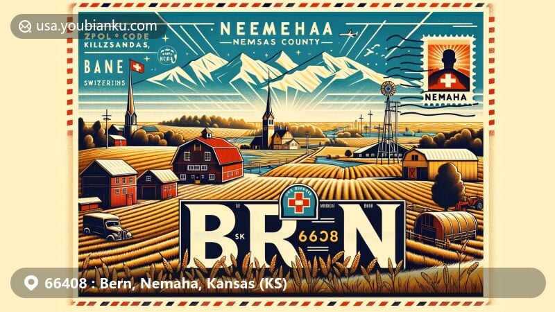 Creative illustration of Bern, Nemaha County, Kansas, showcasing small-town charm and Swiss heritage with ZIP code 66408, featuring agriculture, Swiss Alps silhouette, vintage postcard design, and Bern cityscape or landmark on a postage stamp.