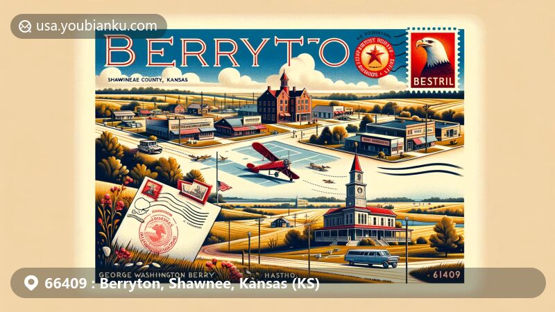 Modern illustration of Berryton, Shawnee County, Kansas, highlighting historical and geographical features, including establishment by George Washington Berry in 1888, the community post office, and Shawnee Heights High School with Thunderbirds mascot, set against natural landscape of Kansas.