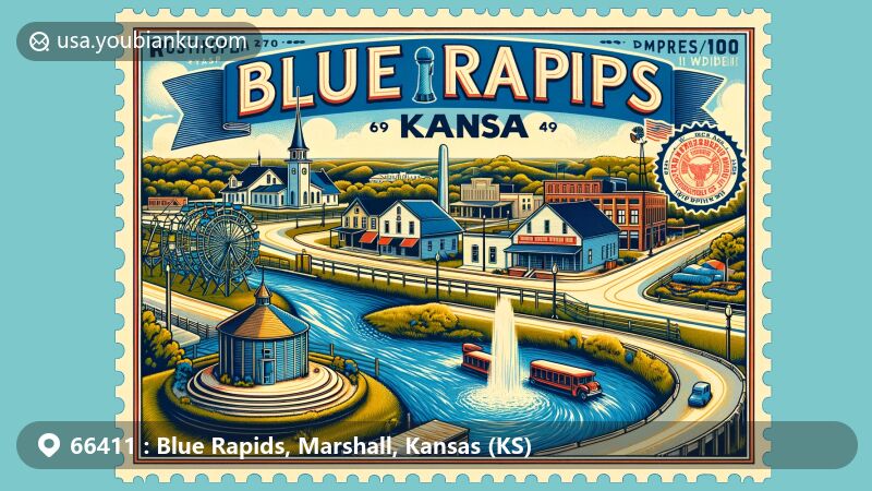 Modern illustration of Blue Rapids area in Marshall County, Kansas, highlighting postal code 66411, showcasing Round Town Square, Round Barn, and confluence of Little Blue and Big Blue Rivers.