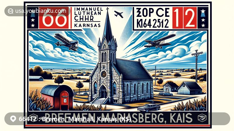 Modern illustration of Bremen, Marshall County, Kansas, featuring Immanuel Lutheran Church-Hermansberg and rural landscape, expressing German Lutheran heritage and Kansas postal theme.