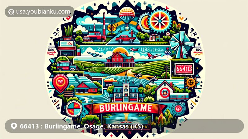 Modern illustration of Burlingame, Osage County, Kansas, showcasing postal theme with ZIP code 66413, highlighting local landmarks, historical references to the Santa Fe Trail, and symbols of Burlingame's humid subtropical climate.