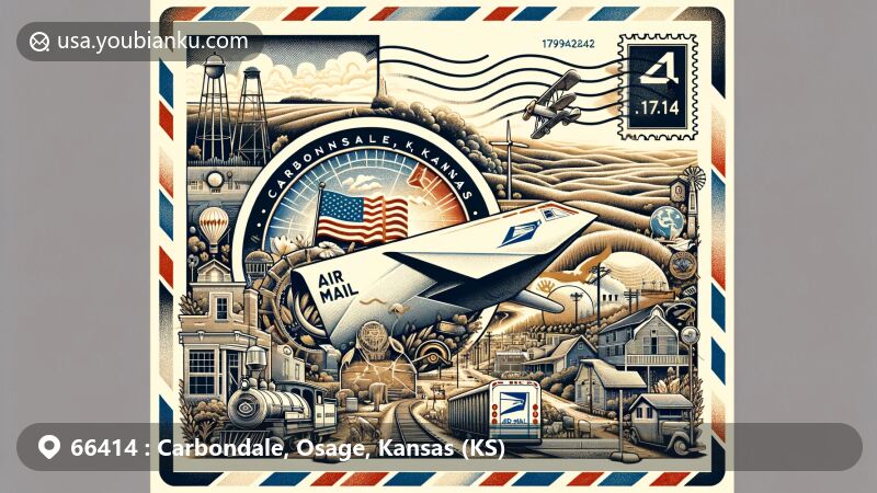 Modern illustration of Carbondale, Kansas, showcasing postal theme with ZIP code 66414, featuring Flint Hills, town railway, and typical American small-town street scenes on a creative airmail envelope.