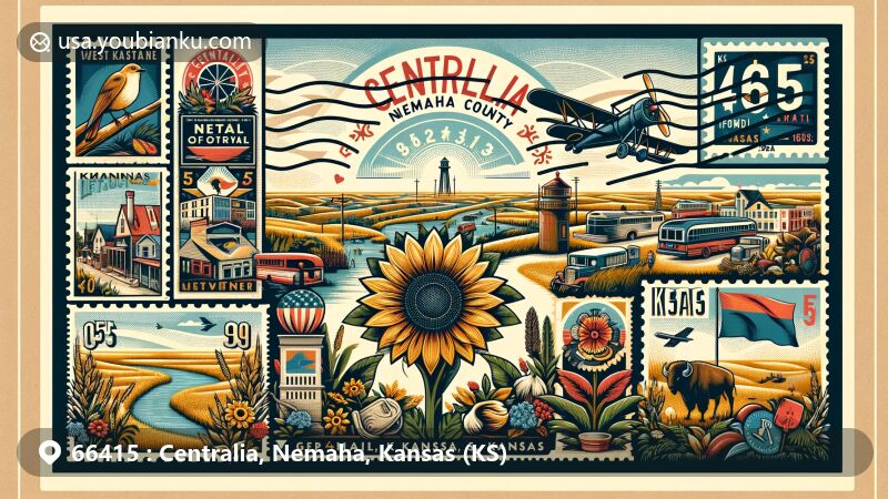 Modern postcard illustration of Centralia, Nemaha County, Kansas, featuring iconic state symbols like sunflowers and buffalo, with vintage postal motifs and ZIP code 66415.