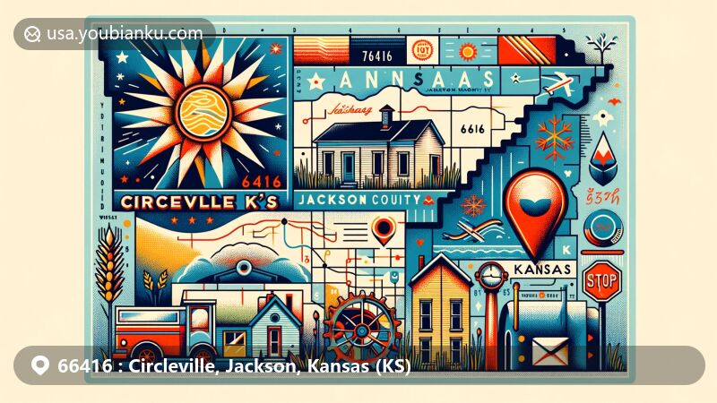 Modern illustration of Circleville, Kansas, in Jackson County, highlighting postal theme with ZIP code 66416, seasonal symbols representing local climate, and vintage postal motifs.