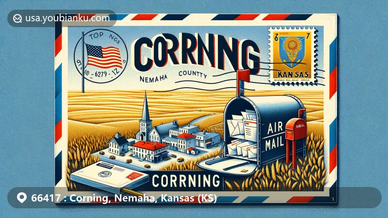 Modern illustration of Corning, Nemaha County, Kansas, showcasing nostalgic airmail envelope with typical red and blue stripes, revealing charming town scenery with small buildings and homes representing local warmth and rural charm. Stamp in top right corner features Nemaha county outline and Kansas flag, blending state pride and local identity. Traditional red mailbox with flag up suggests outgoing mail. Scene scattered with wheat symbolizing agricultural richness of the area and subtly referencing Kansas' indigenous heritage. Enigmatic feather or simple petroglyph outlines pay homage to deep history of the land. Envelope prominently displays ZIP code '66417' and 'Corning, KS'. Classic postal delivery truck in distance driving along dirt road towards horizon symbolizes timeless service of postal system in connecting even most remote areas of America. Artwork captures essence of Corning community and universal concept of connection through mail, suitable for vibrant, illustrative presentation on webpage celebrating unique American ZIP codes.