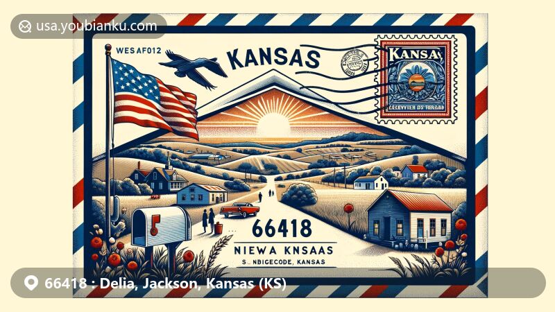 Modern illustration of Delia, Kansas, depicting rural charm with expansive fields and Flint Hills, diverse demographic with White, Native American, and Hispanic communities, Kansas state flag, and postal elements in vintage airmail envelope.