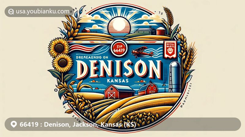 Modern illustration of Denison, Jackson County, Kansas, showcasing postal theme with ZIP code 66419, featuring local flora, rolling hills, a red barn, a grain silo, and Kansas state symbols.