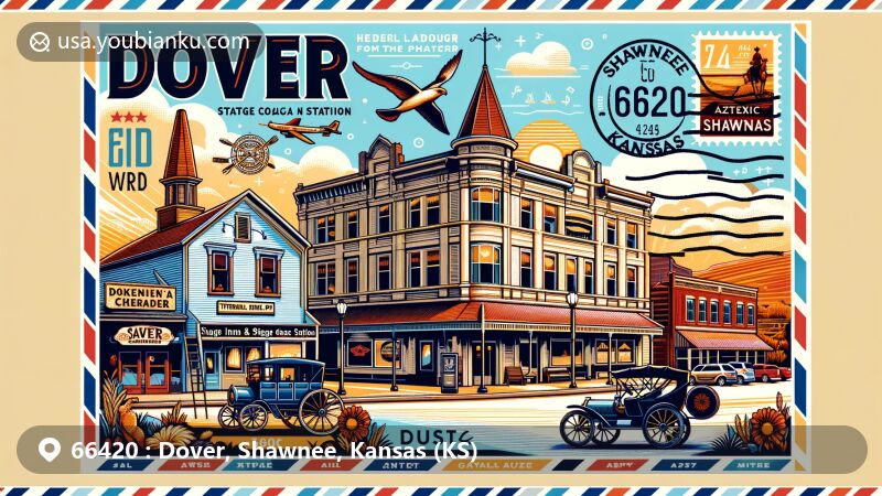 Modern illustration of Dover, Shawnee County, Kansas, featuring historical landmarks like the Sage Inn & Stage Coach Station and postal elements with ZIP code 66420.