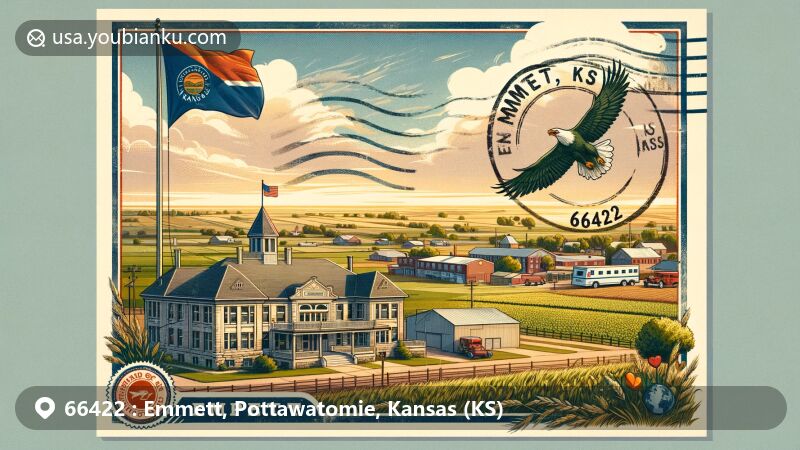 Modern illustration of Emmett, Kansas, showcasing postal theme with ZIP code 66422, featuring local school and Kansas state flag.