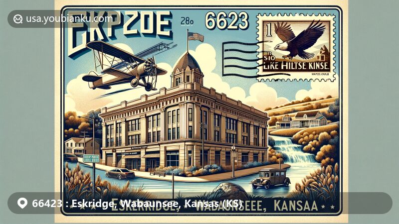 Modern illustration of Eskridge, Wabaunsee County, Kansas, highlighting 'Gateway to the Flint Hills,' with old bank building, Lake Wabaunsee, airmail envelope, vintage stamp, and postmark for ZIP code 66423.