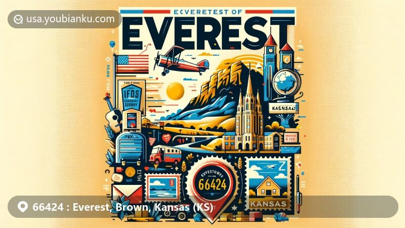 Modern illustration of Everest, Kansas, showcasing local heritage and postal traditions with ZIP code 66424, incorporating Kansas state flag and unique symbols of Everest and Brown County.