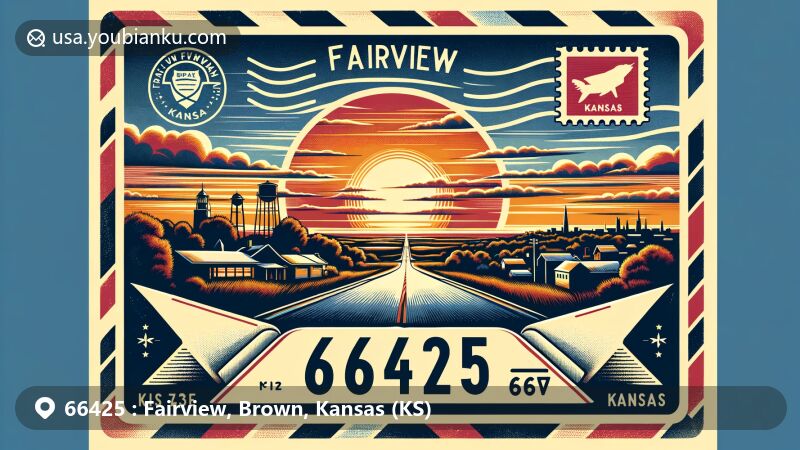 Modern illustration of Fairview, Kansas, showcasing postal theme with ZIP code 66425, featuring a vintage-style airmail envelope and a sunset view across US 36.