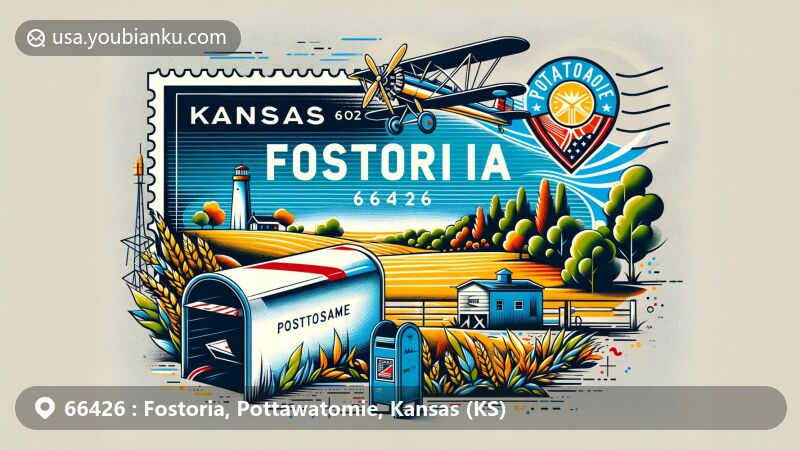 Creative depiction of Fostoria, Kansas, featuring postal elements and panoramic views of Pottawatomie County, highlighting the state flag and rural landscapes.