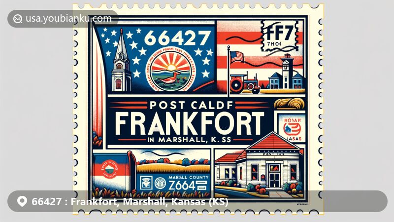 Modern illustration of Frankfort, Marshall County, Kansas, featuring a landscape-oriented postal card design with the Kansas state flag, Marshall County's outline, and iconic landmarks of Frankfort. Includes vintage postage stamp with ZIP code 66427, postal cancellation mark, and mail-related element.