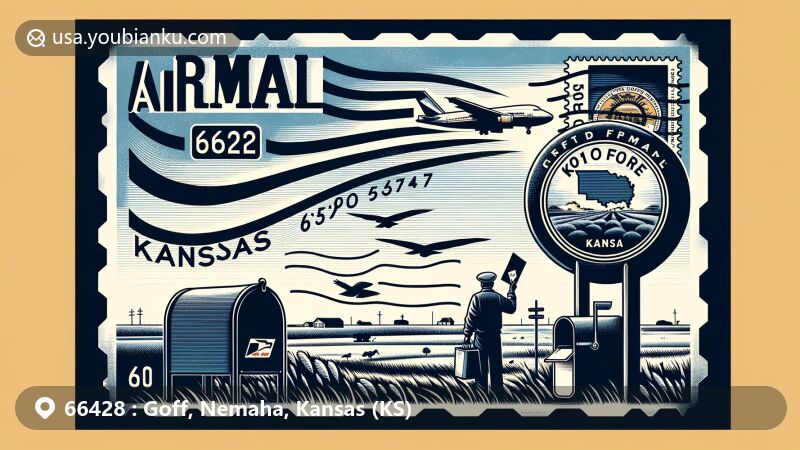 Modern illustration of Goff, Kansas, showcasing postal theme with ZIP code 66428, featuring air mail envelope with state outline stamp and Kansas state symbols.