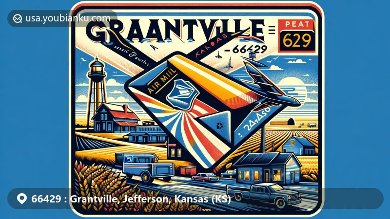 Modern illustration of Grantville, Kansas, with ZIP code 66429, featuring colorful air mail envelope, Grantville Post Office, Kansas state flag, and agricultural fields.