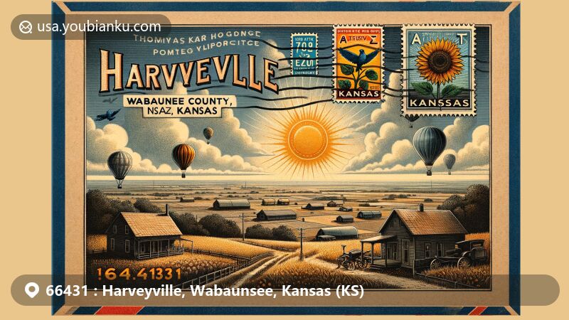 Modern illustration of Harveyville, Wabaunsee County, Kansas, featuring vintage air mail envelope with ZIP code 66431 and Kansas state symbols like sunflower and Western Meadowlark.