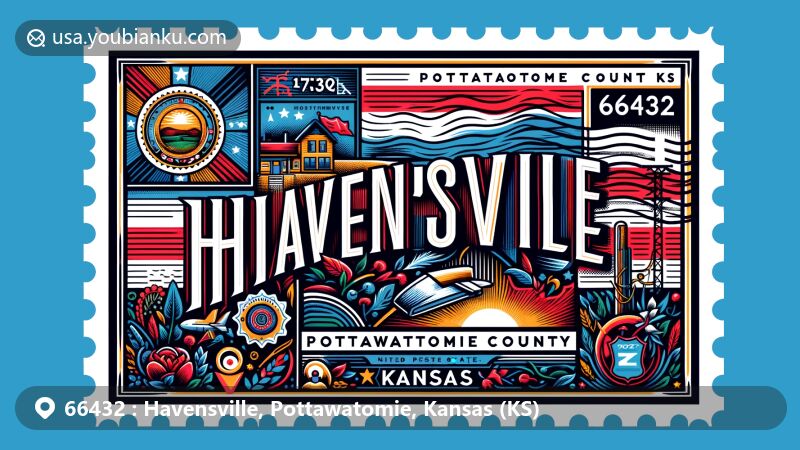 Modern illustration featuring Havensville, Pottawatomie County, Kansas, creatively blending Kansas state flag and county outline into postcard design with postal elements like stamp and postmark, showcasing ZIP code 66432.
