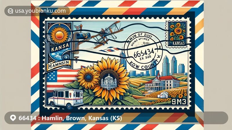 Modern illustration of Hamlin, Brown County, Kansas, featuring airmail envelope with Kansas sunflowers and state seal, showcasing the unique charm of ZIP code 66434.