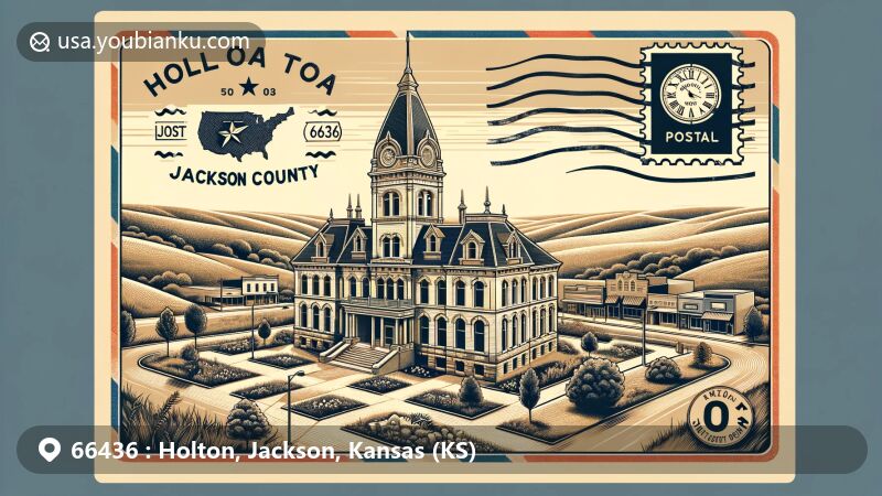 Modern illustration of Holton, Jackson County, Kansas, featuring postal theme with ZIP code 66436, showcasing historic courthouse, Kansas map, state flag, and abolitionist symbols.