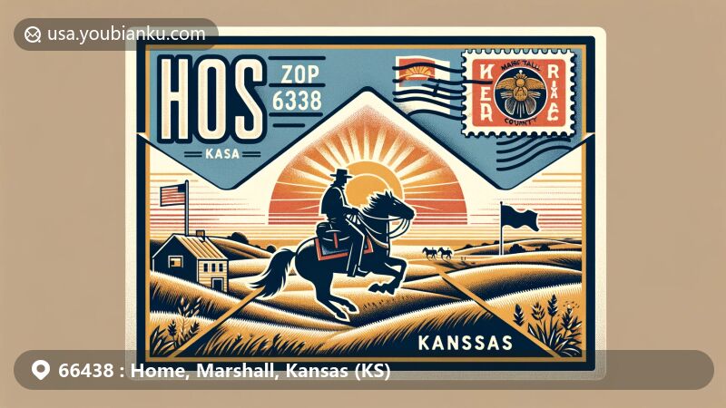 Modern illustration of Home, Kansas, Marshall County, with airmail envelope as central theme, showcasing Kansas state flag, Marshall County outline, and Pony Express symbol, highlighting small-town charm and ZIP code 66438.