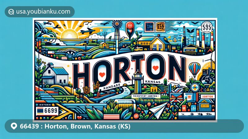 Modern illustration of Horton, Brown County, Kansas, showcasing postal theme with ZIP code 66439, featuring local geography, climate, and community efforts like the 'Reinvent Horton' campaign.