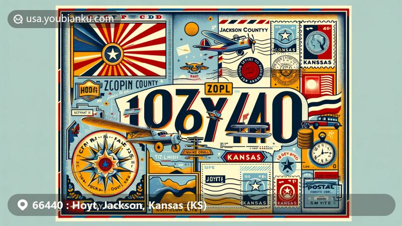 Modern illustration of Hoyt, Jackson County, Kansas, featuring iconic elements of Kansas like the state flag and vintage air mail envelope design with stamps and postmarks creatively incorporating ZIP code 66440 and Hoyt, KS.