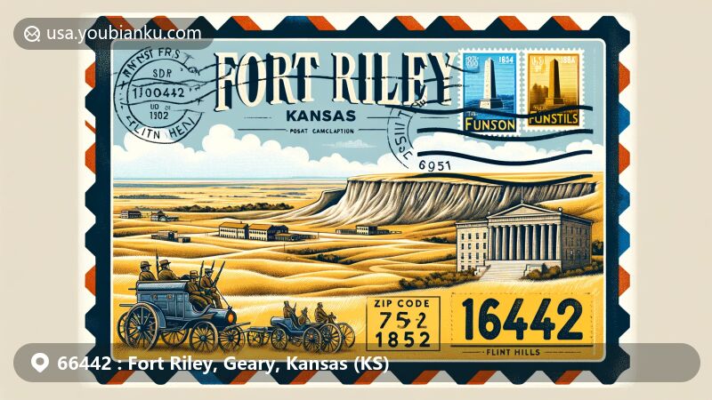 Vintage-style illustration of Fort Riley, Kansas, highlighting Funston Monument and Flint Hills, featuring ZIP code 66442 and year 1853 establishment, with native limestone buildings and prairie backdrop.